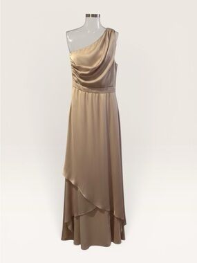 NWT TFNC London Delali One Shoulder Satin Maxi Dress Blush Champagne Size 10